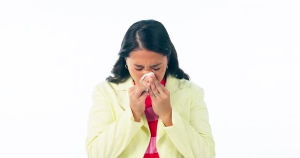 Enfermo Mujer Sonarse Nariz Estudio Para Resfriado Alergias Riesgo Virus — Vídeo de stock