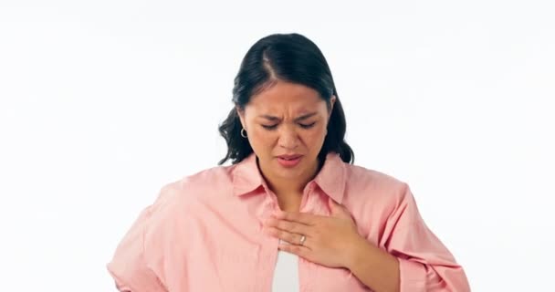 Женщина Грудь Тошнота Боли Студии Дыхания Астмы Сердечно Сосудистой Системы — стоковое видео