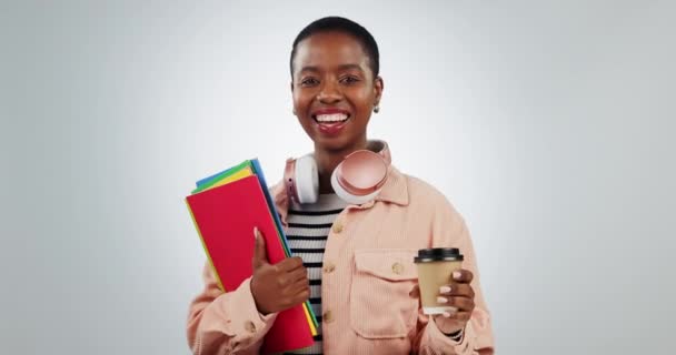 Женщина Книги Кофе Студентом Студии Взволнованы Школой Обучением Образованием Лицо — стоковое видео