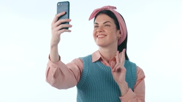 Happy Social Media Peace Sign Selfie Woman Studio Blue Background — Stock Video