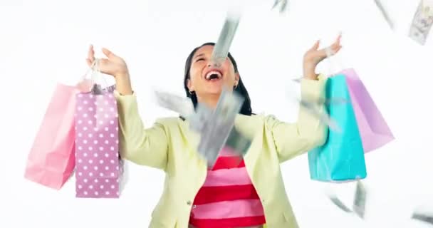 Alışveriş Torbası Para Yağmuru Kadın Kazanan Müşteri Hediye Kazanan Stüdyoda — Stok video