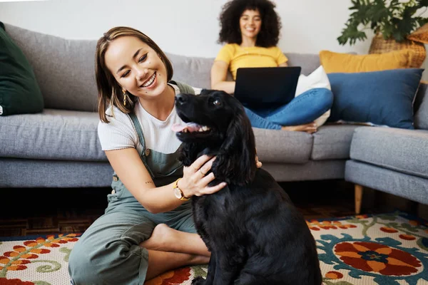 Pet, relax or happy woman with dog in house living room on floor to hug with trust, loyalty or love. Wellness, freedom or girl playing with an animal with care, support or kindness on mat at home.