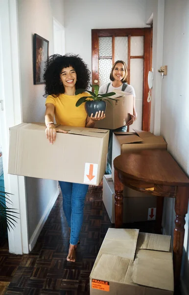 Excited, homeowner or couple with boxes, lesbian or moving with real estate, achievement or happiness. Queer people, happy women or girl with marriage, mortgage or new apartment with property or love.