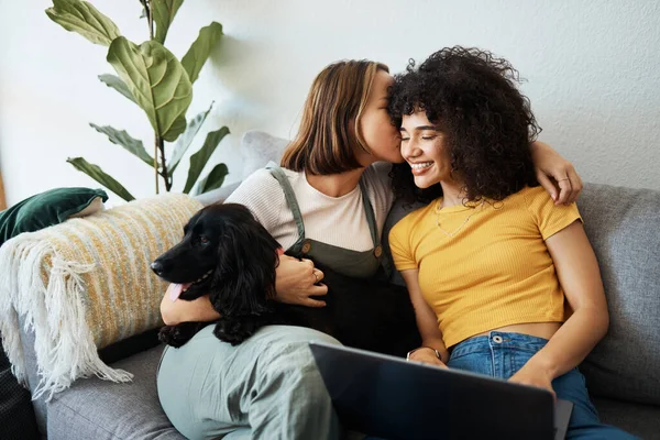 Dog, laptop or gay couple kiss on sofa to relax together in healthy relationship love connection. Whisper, home or happy lesbian women with a pet animal to bond on living room couch for remote work.