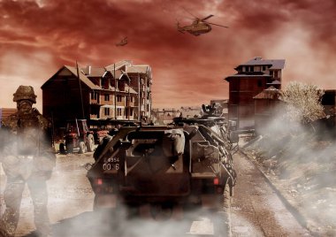 War, soldier and military transport, army in a post apocalyptic landscape and conflict with person, dust and hero. Survival, mission and warrior with fight on battlefield, action and tank for battle. clipart