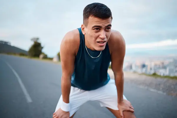 Sport Natuur Man Atleet Ademhaling Het Lopen Voor Race Marathon — Stockfoto