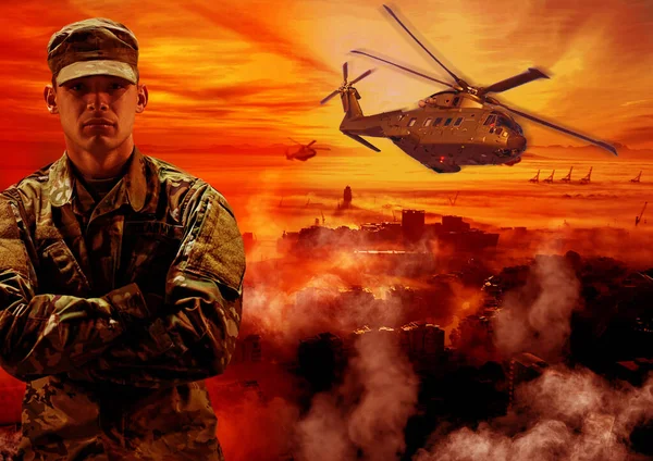 Guerra Homem Soldado Helicóptero Fogo Com Transporte Militar Exército Uma — Fotografia de Stock