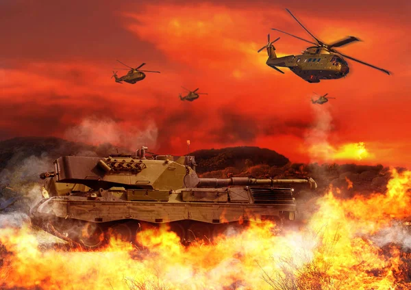 Tank, military and helicopter with fire in explosion for service, army duty and conflict in city. Target, apocalypse and airforce with bombs for armed forces, defense and warfare in battlefield.