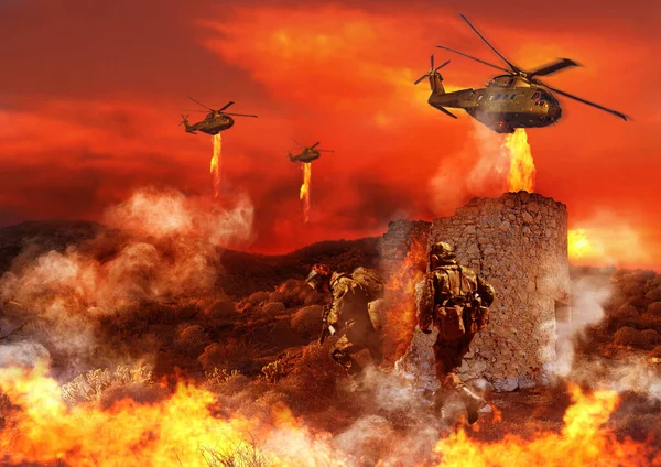 Combat, military and soldier with fire in battlefield for service, army duty and battle in camouflage. Mockup, explosion and people with helicopter for armed forces, defense or warfare conflict.