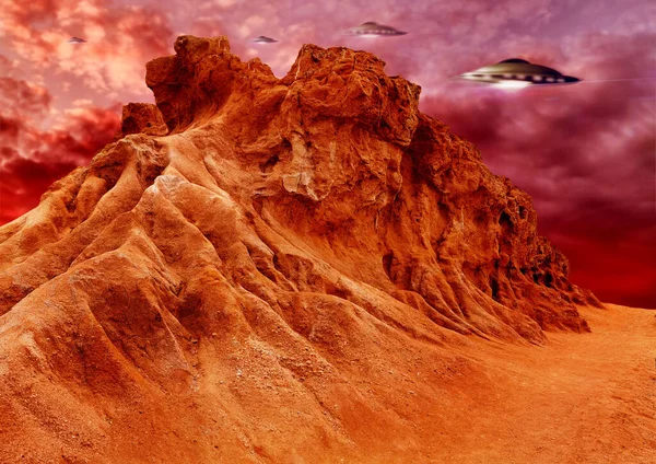 Ovni Invasión Nave Espacial Espacio Exterior Marte Planeta Con Ciencia —  Fotos de Stock