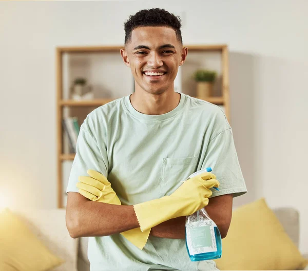 Cleaner Man Portrait Chemical Arms Crossed Happy Hygiene Housekeeping Detergent — Stock Photo, Image