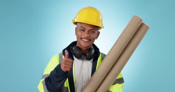 Tvář Šťastný Inženýr Muž Palce Nahoru Studiu Pro Úspěch Stavební — Stock video