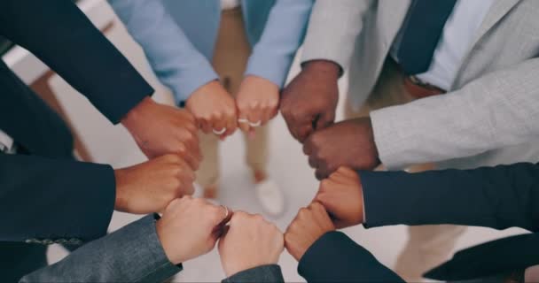 商界人士 拳头冲撞和团队合作 团体团结或协同增效和权力的目标 成功和激励以上 多样性 员工密切合作和手拉手 任务或整合圈 — 图库视频影像