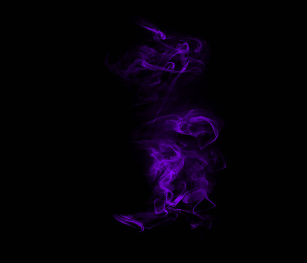 Smoke, studio and purple fog with vapor, incense and creative art with steam and swirl. Colorful, neon puff and black background isolated with steam effect, cloud and magic mist of aura in the air.