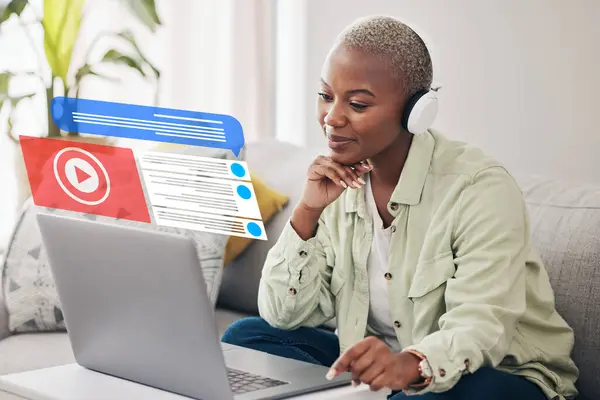 Home, laptop and black woman with headphones, hologram and connection with digital app, streaming music or notification. African person, girl or lady on a sofa, holographic or headset with info or pc.