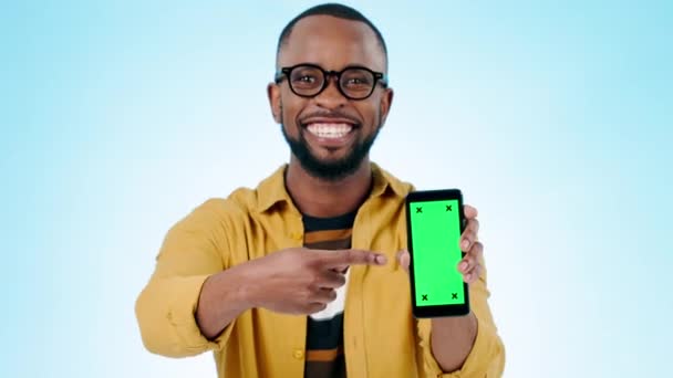 Teléfono Maqueta Pantalla Verde Hombre Negro Con Publicidad Diseño Aplicaciones — Vídeo de stock