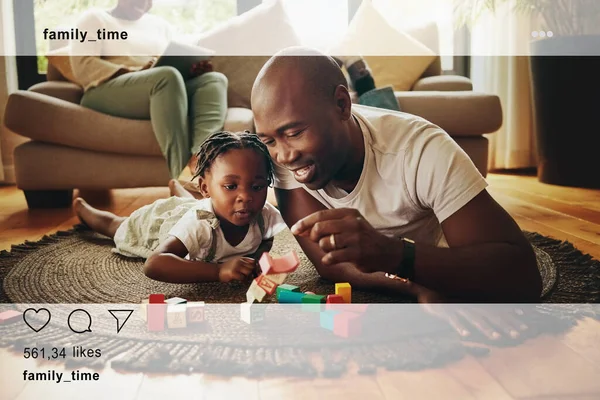 Social media, family and father and child with toys in living room for bonding, relationship and care. Home, African and happy dad with girl on floor playing with building blocks with online overlay.