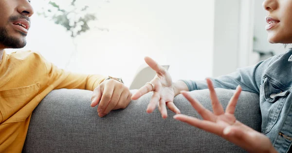 Argument Hands Closeup Couple Sofa Living Room Cheating Fight Toxic — Stock Photo, Image