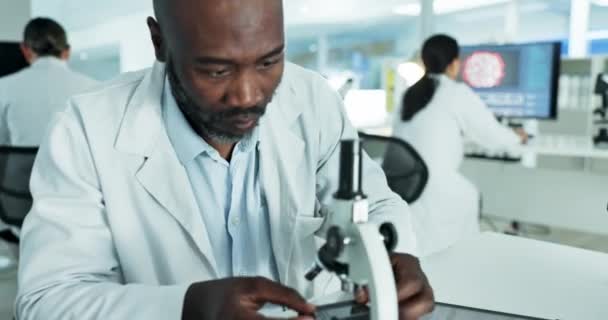 Részecskék Mikroszkóp Vagy Fekete Ember Tudós Laboratóriumban Kutatás Orvosi Elemzés — Stock videók
