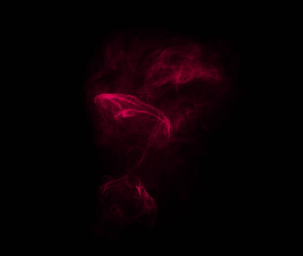 Smoke, studio and fog with vapor, incense and creative art with red illusion and swirl. Colorful, neon puff and black background isolated with steam effect, cloud and magic mist of aura in the air.