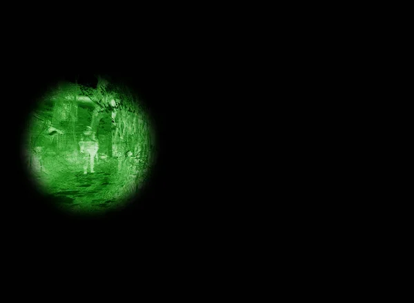 Night vision, military and target scope of a army outdoor with security at war with green light. Search, surveillance and government with scope and cybersecurity with agency working of spy and sniper.