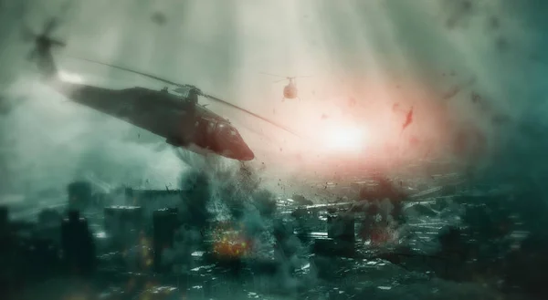 Explosion Krigszon Och Militär Med Helikopter Slagfältet För Apokalyps Kärnvapenmissiler — Stockfoto