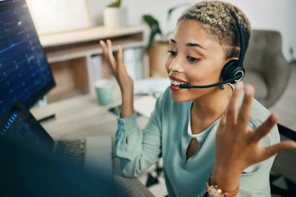 Happy woman, call center and broker consulting in customer service, stock market or trading at office. Female person, trader or agent with headphones smile for financial advice or help at workplace.