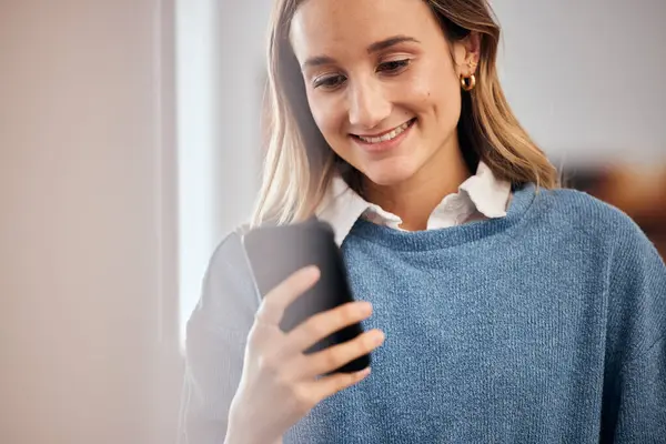 stock image Work, reading email and a woman with a phone for communication, social media or contact. Smile, office and a person with a mobile for an app, website or connection for online search and chat.