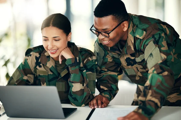 Military people, smile and laptop with teamwork, collaboration and diversity from soldier. Computer, army man and woman online on website with internet and working on reading with surveillance.