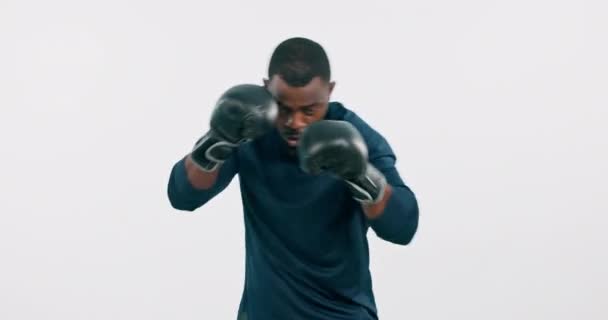 トレーニング トレーニング 戦いのためのスタジオで男とボクシング フィットネス 黒人男性アスリートやボクサー ホワイトバックグラウンドの手袋 パワーパフォーマンス — ストック動画