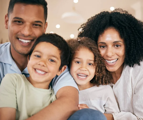 stock image Happy family, parents and portrait of kids in home for bonding, healthy relationship and relax. Interracial, face and mother, father and children hug, embrace and cuddle for trust, support and love.