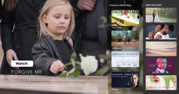 ストリーミング オーバーレイ 葬儀サービスビデオ 家族とのスクリーン上の死 悲しみ または記念のインターフェイス ドキュメンタリー シリーズ 映画のためのインターネット サブスクリプション — ストック動画