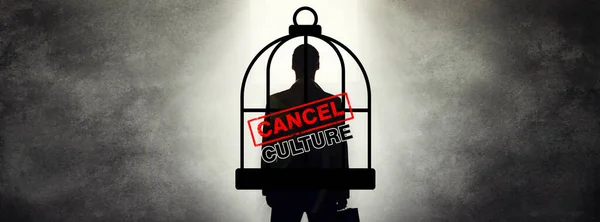 Cancel culture, overlay and cage on silhouette of person for bias, political controversy or criticism. Mockup, business and shadow of worker for professional society problem, banner or censorship.