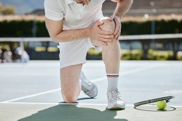 Knee pain, tennis legs and sports person with medical problem, injury or hurt from competition, match or game. Broken bone, court or player with joint ache from fitness, exercise or athlete training.