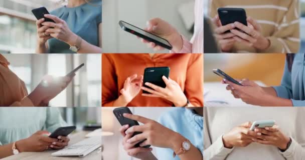 Colagem Telefone Mãos Para Comunicação Digitação Rede Com Internet Tecnologia — Vídeo de Stock