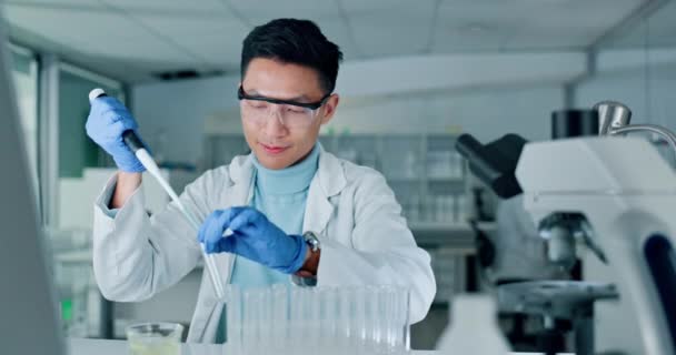 Científico Hombre Química Líquido Tubo Ensayo Experimento Científico Investigación Médica — Vídeos de Stock