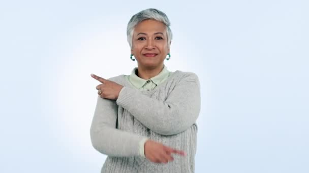 Pointing Hands Portrait Senior Woman Choice Decision Menu Information Blue — Stock Video