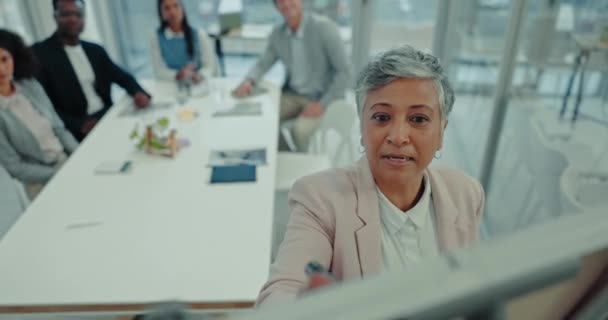 在会议室的白板上 女首席执行官与商界人士一起 为创业时的规划和战略写文章 办公室 讲习班和女商人在会议上的提案 介绍或宣传 — 图库视频影像