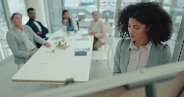 ビジネスパーソンとの会議室のホワイトボードの女性 スタートアップでの計画と戦略のための質問 B2Bの提案 プレゼンテーション または会議でアイデアをピッチするオフィス ワークショップ ビジネスマン — ストック動画