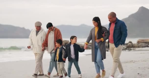 ビーチを歩き 手を握り 何世代にも渡り そしてアウトドアを結ぶ旅をする 子供との祖父母 旅の冒険と自由 — ストック動画