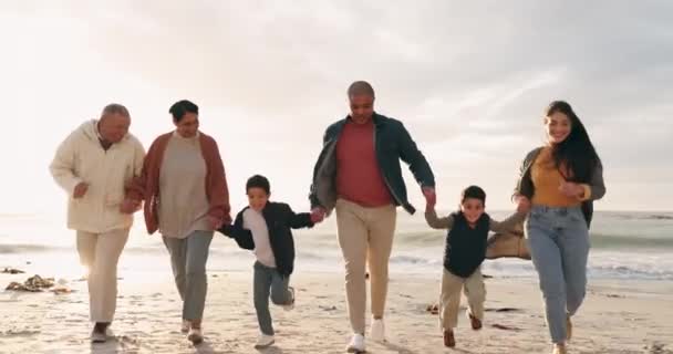 Spiaggia Tenendosi Mano Grande Famiglia Che Corre Con Energia Insieme — Video Stock