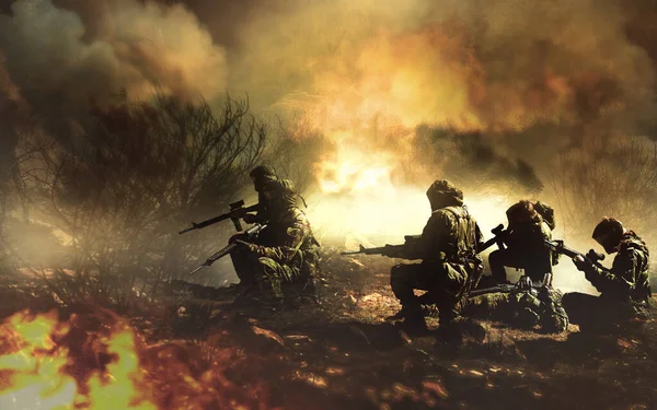 Katonaság Emberek Háború Tűzzel Veszéllyel Fegyver Célpontnak Erdei Csatatér Katonai — Stock Fotó