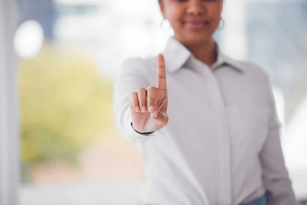 Finger, user interface and business woman in office with hand gesture for biometrics, digital scan and ui. Mockup, point and person with fingerprint for user experience, cybersecurity and touchscreen.