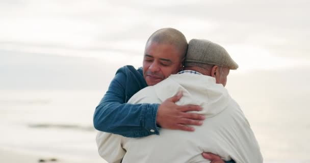 年长的父亲 男人和拥抱在沙滩上 带着爱 关怀和友谊度假 度假或日落时外出旅行 年事已高的爸爸 年事已高的儿子 拥抱在海洋 大海中 快乐地度过了与家人团聚的时光 — 图库视频影像