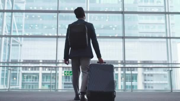 机场的后背和窗口 对未来 战略或飞行计划有想法 远见或想法 国际旅行 运输或工作假日的企业家 行李或手提箱 — 图库视频影像