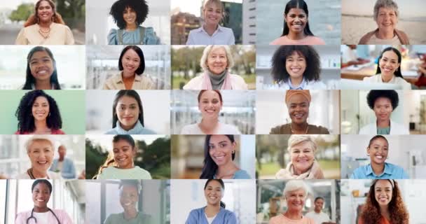 Diversidade Mulheres Meninas Com Felicidade Colagem Sorrindo Rostos Grupo Internacional — Vídeo de Stock