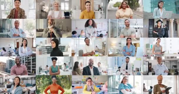Pessoas Colagem Diversidade Com Rosto Sorriso Carreira Para Homens Mulheres — Vídeo de Stock
