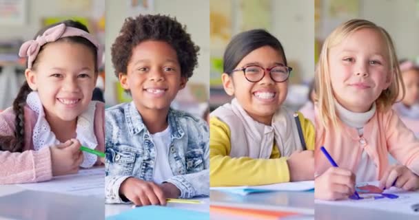 Crianças Colagem Retrato Com Diversidade Escola Para Trabalho Educação Estudantes — Vídeo de Stock