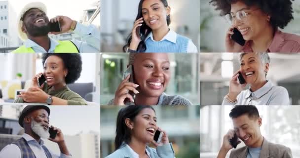 Колаж Люди Телефон Закликають Говорити Спілкуватися Посміхатися Різноманітністю Мережами Кар — стокове відео