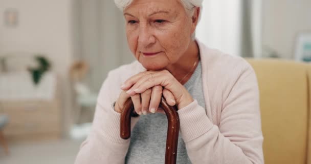 Senior Woman Cane Thinking Home Memory Depression Sad Living Room — Stock Video